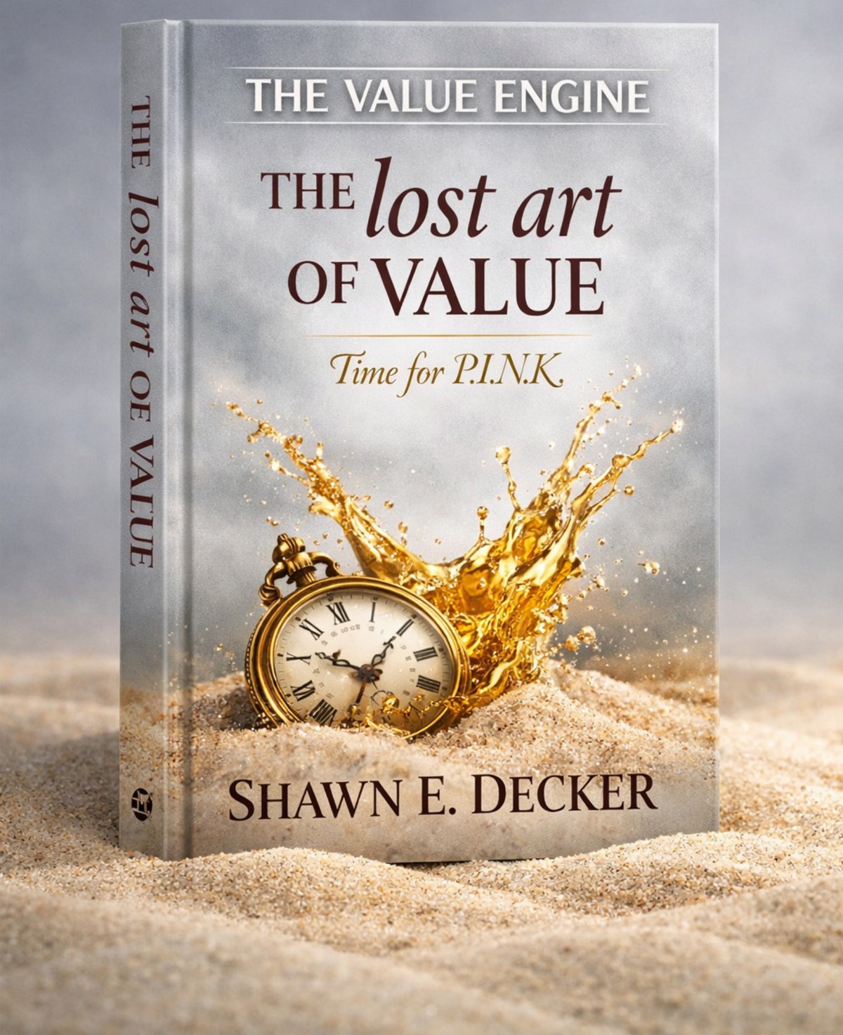 The Lost Art of Value: Time for P.I.N.K. by Shawn E. Decker — the cover, a gold pocket watch in sand
